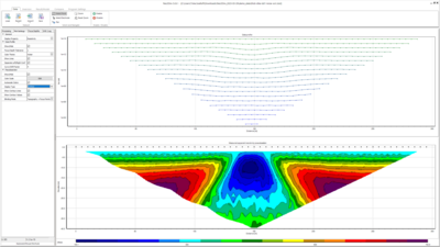 2D-Inversionsdarstellung in Res3DInv mit Elektrodenprofilen und farbcodiertem Widerstandsmodell